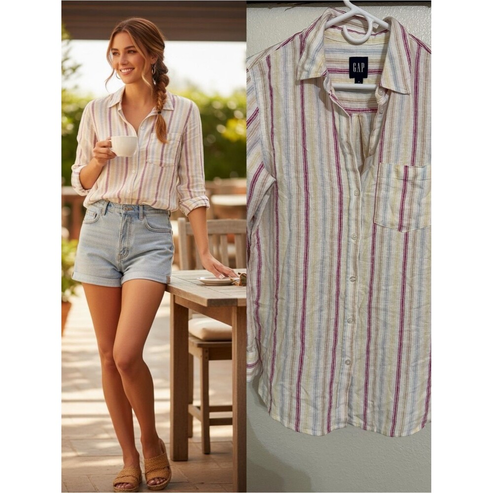 GAP Linen Blend Striped Button Down Shirt Women’s Small Coastal Cottagecore